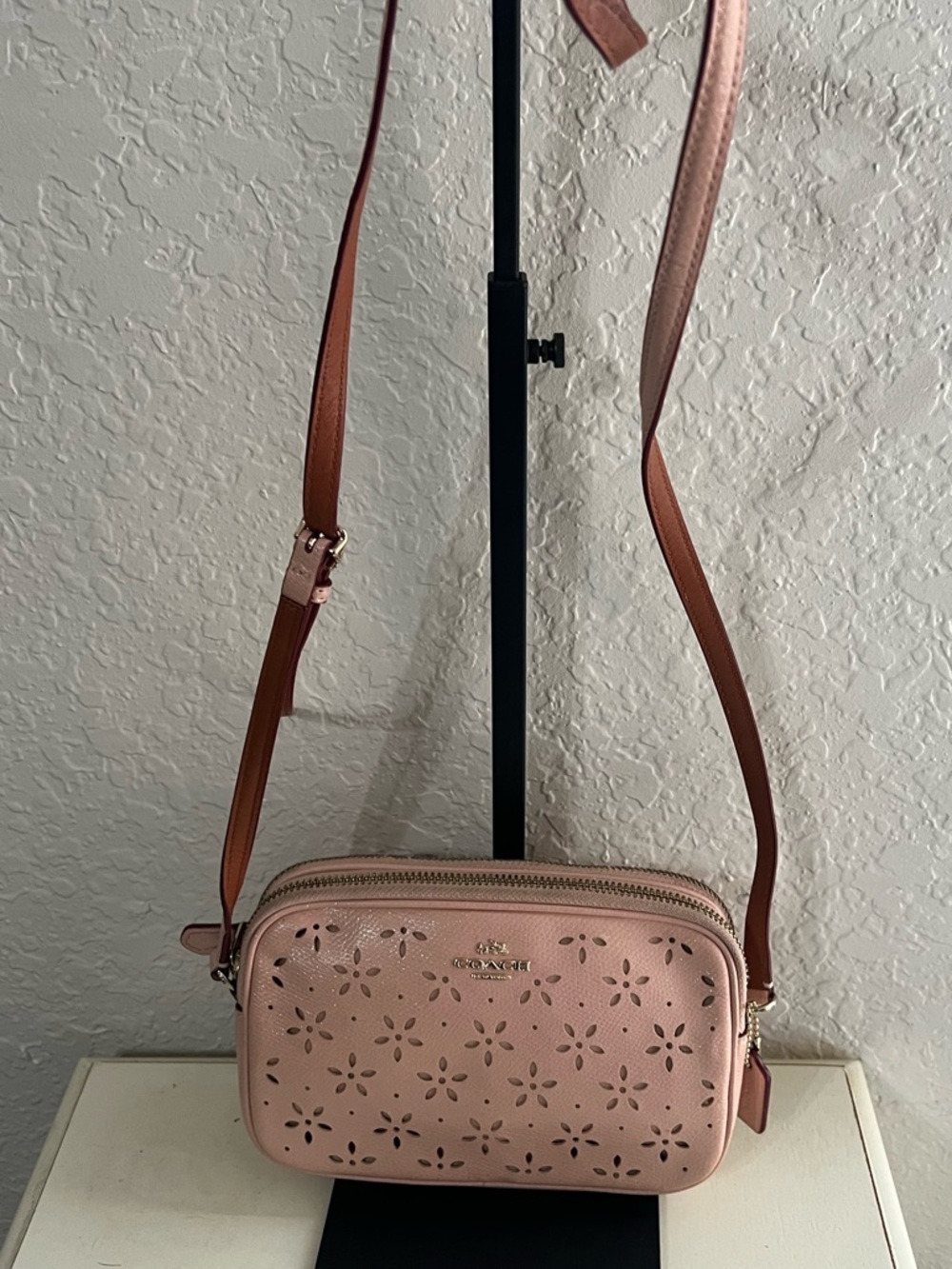 Coach Pink Laser-Cut Leather Crossbody with Brown Strap